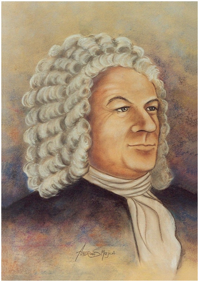 Impressive portrait of German composer Johann Sebastian Bach by artist Andreas Mujica