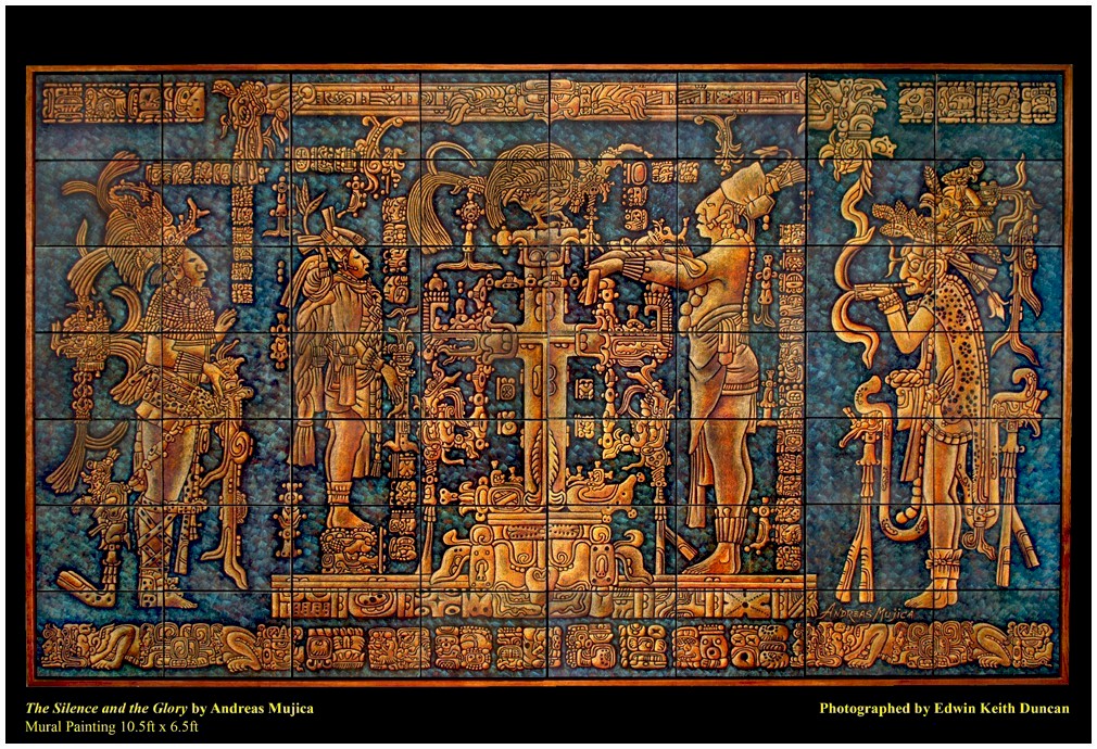Breathtaking mural painting depicting  Mayan Art with magnificent combination of golden and blue indigo colors