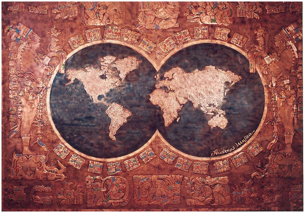 Astonishing copper mural inspired by the Mayan Art with two circles in the center showing the earth map in copper and indigo colors